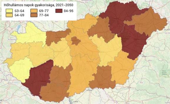 Hőhullámos napok gyakorisága 2021-2050 között Magyarországon (nap/év) Forrás: NATÉR